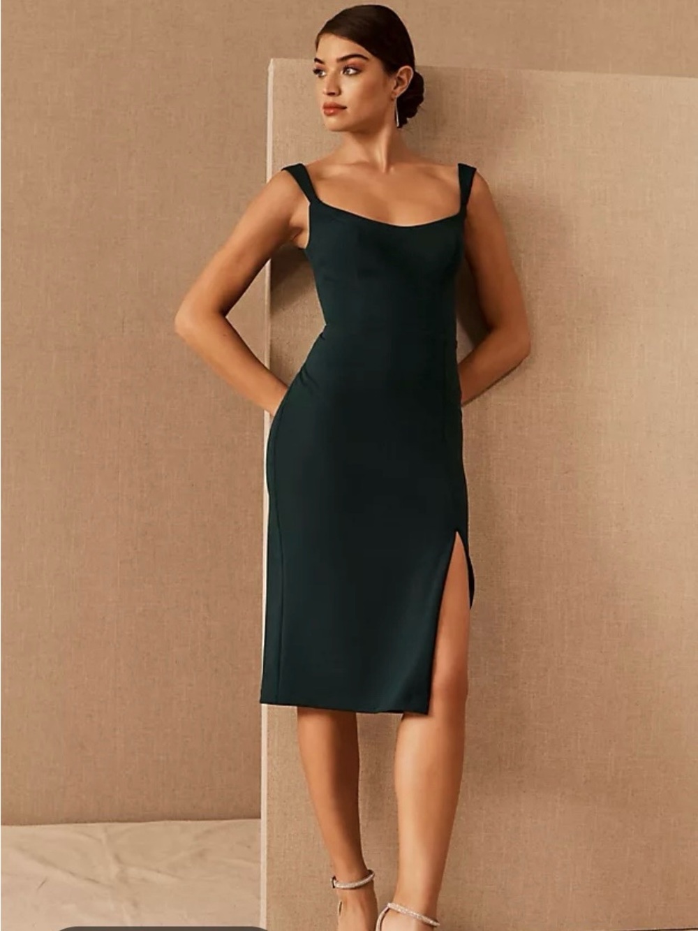 BHLDN Forest Green Square-Neck Midi Sheath Dress with Side Slit